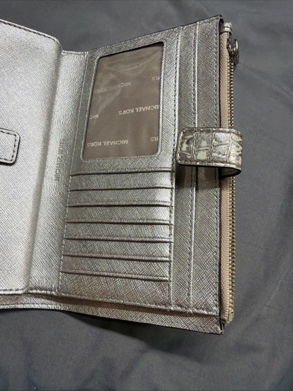 Michael Kors Metallic silver patent leather Croc-Embossed Zip Wallet clutch - Picture 15 of 16
